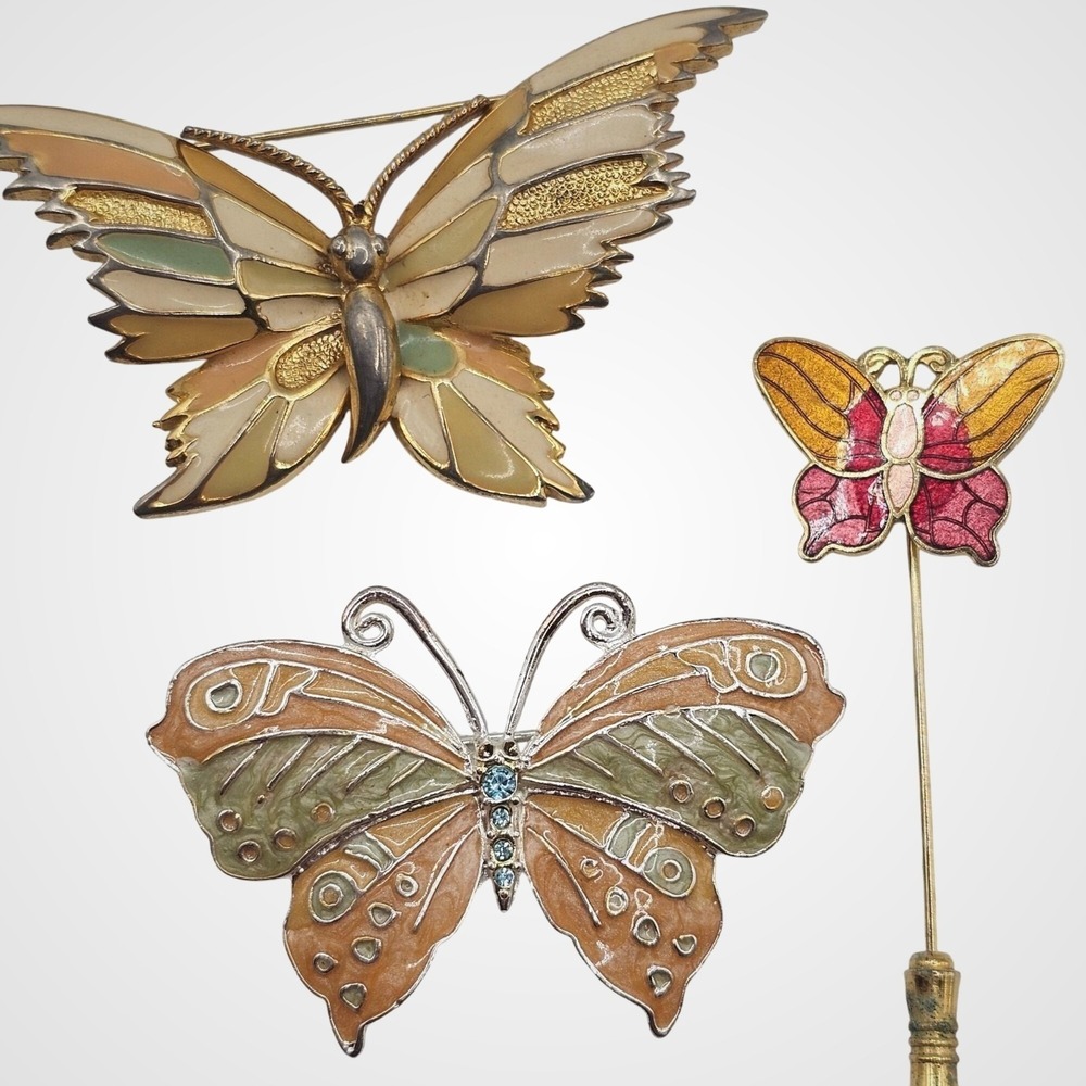 Butterfly Brooch + Stick Pin Lot 3pc‎ Enamel Gold Silver Tone Whimsical Pastel